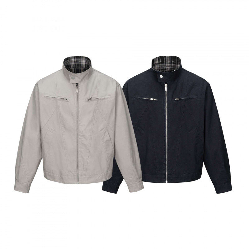 Men's cropped canvas blouson jacket with stand-up collar, zippered pockets, and checkered lining Mune Fashion