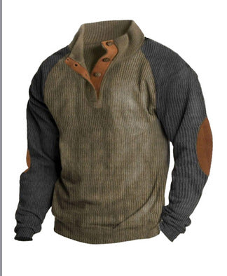 Men's rustic raglan knit sweater with short button placket and velour trim Mune Fashion