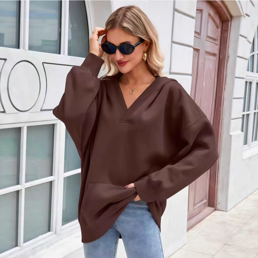 Women's Oversized V-Neck Hoodie with Hood, Kangaroo Pocket and Extended Hem Mune Fashion