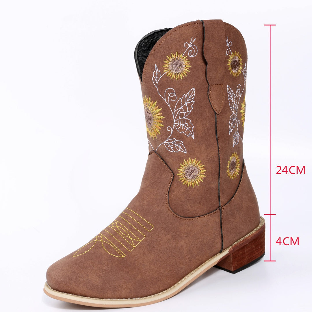 Women Embroidered Western Boots with Sunflower Design and Medium Block Heel Mune Fashion