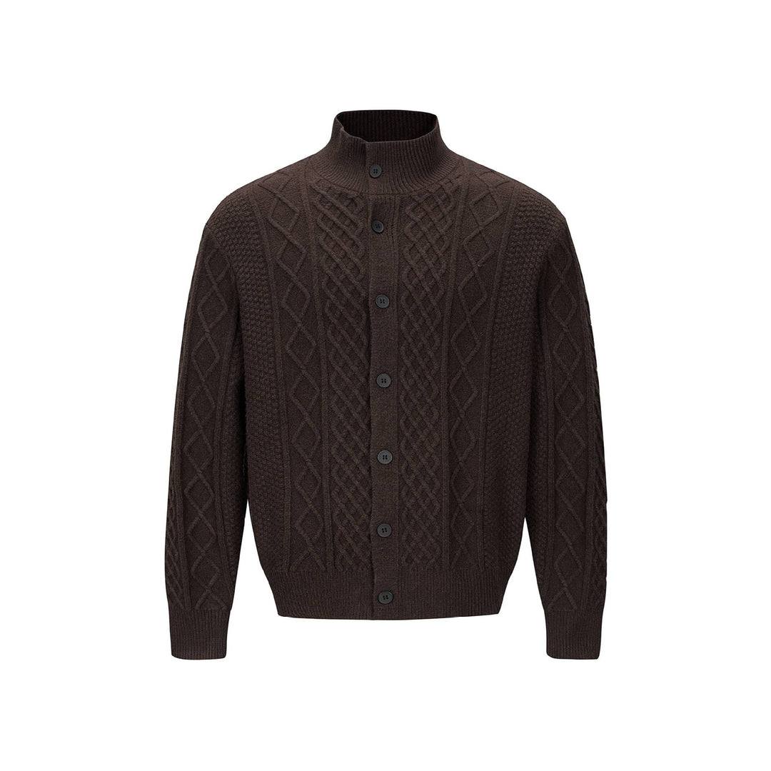 Men's knitted cardigan with cable pattern, standing collar and buttoned front Mune Fashion