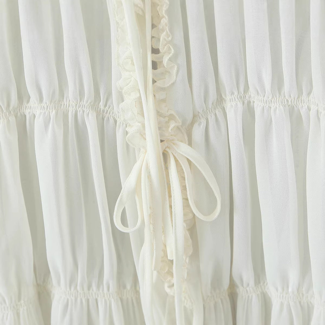 Women's Transparent Chiffon Blouse with Ruffle Ties, Tiered Cut and Waist Gathering Mune Fashion