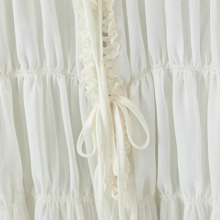 Women's Transparent Chiffon Blouse with Ruffle Ties, Tiered Cut and Waist Gathering Mune Fashion