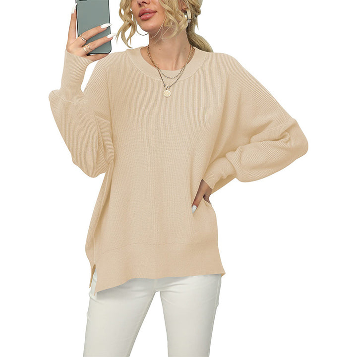 Women's Oversized Fine Knit Sweater with Round Neck, Dropped Shoulder and Side Slits Mune Fashion