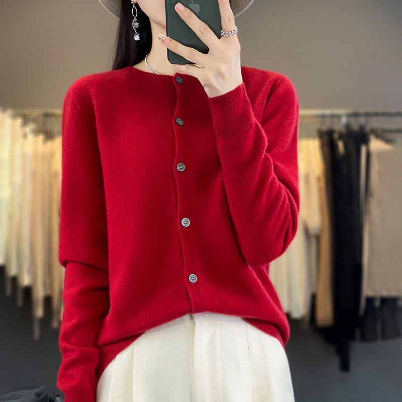 Women Lightweight Fine Knit Cardigan with Cashmere Look, Round Neckline and Hidden Button Placket Mune Fashion