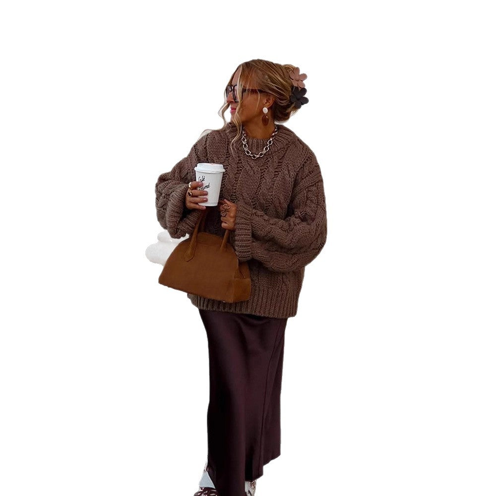 Women's Oversize Chunky Knit Sweater with Cable Knit, High Collar and Extended Sleeves Mune Fashion