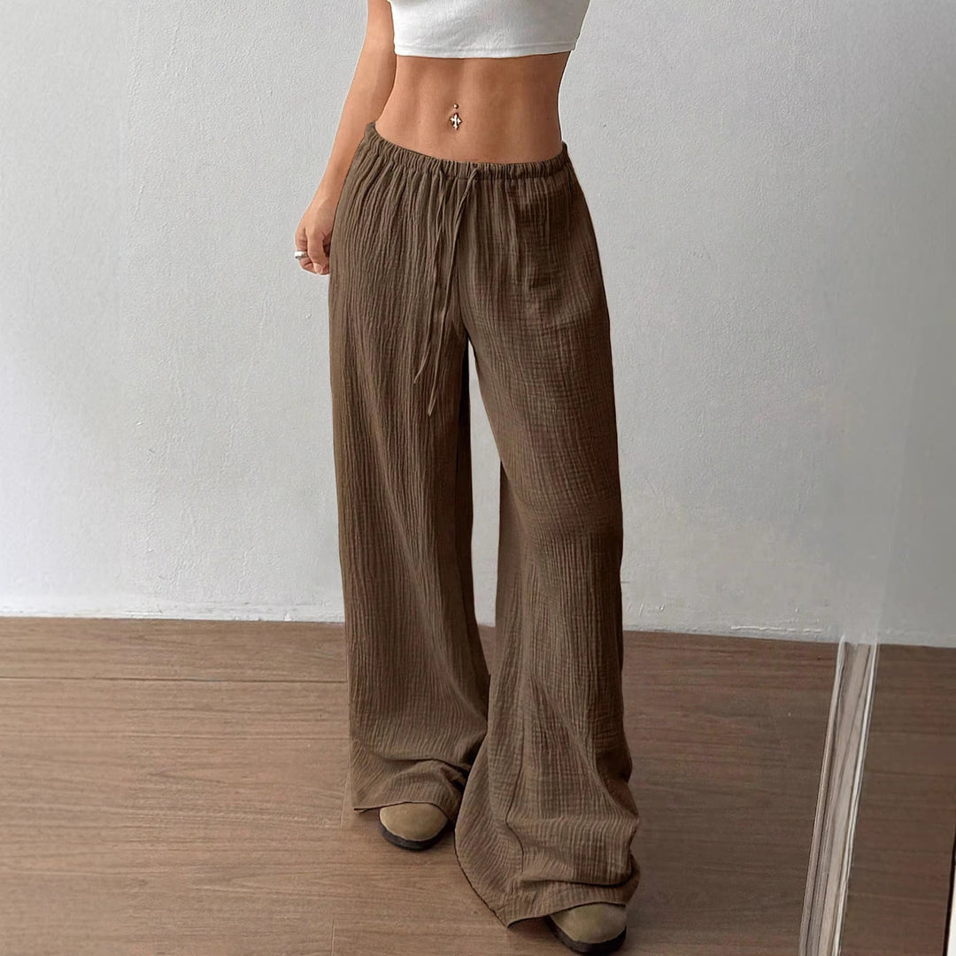 Women Lightweight Linen Look Pants with Wide Leg, Elastic Waistband and Drawstring Mune Fashion