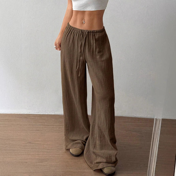 Women Lightweight Linen Look Pants with Wide Leg, Elastic Waistband and Drawstring Mune Fashion