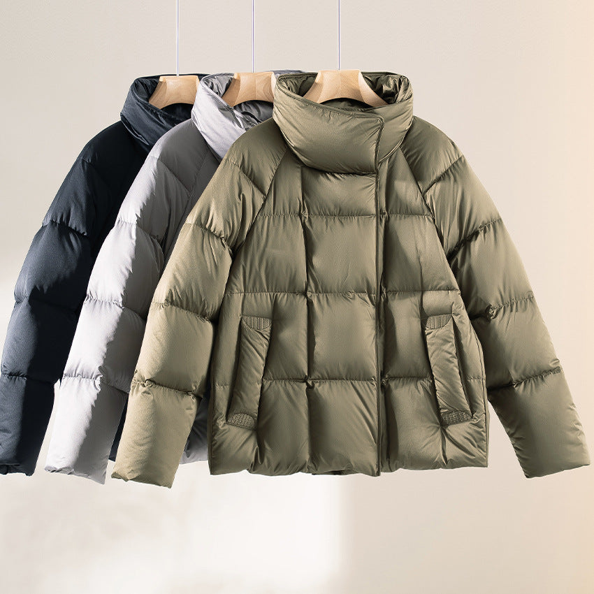 Women Short Boxy Puffer Jacket with High Stand Collar and Raglan Sleeves Mune Fashion