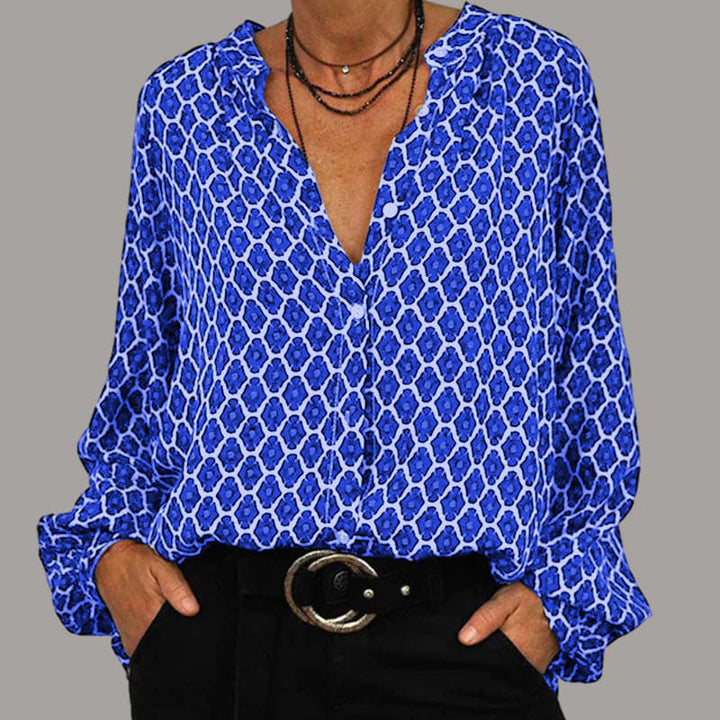 Women Loose Fit Viscose Blend Blouse with V-Neck, Button Placket and Balloon Sleeves Mune Fashion