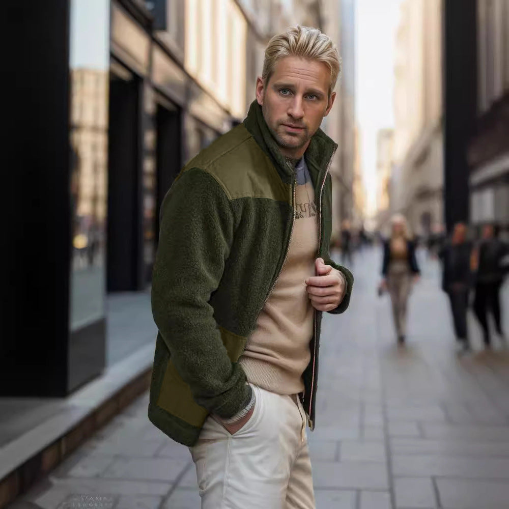 Men's fleece bomber jacket with standing collar, contrasting yoke and zipper Mune Fashion