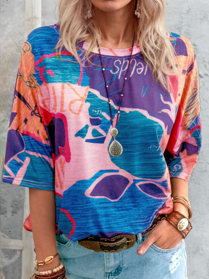 Women's Loose Viscose Print Shirt with Half-Length Sleeves and Round Neck Mune Fashion
