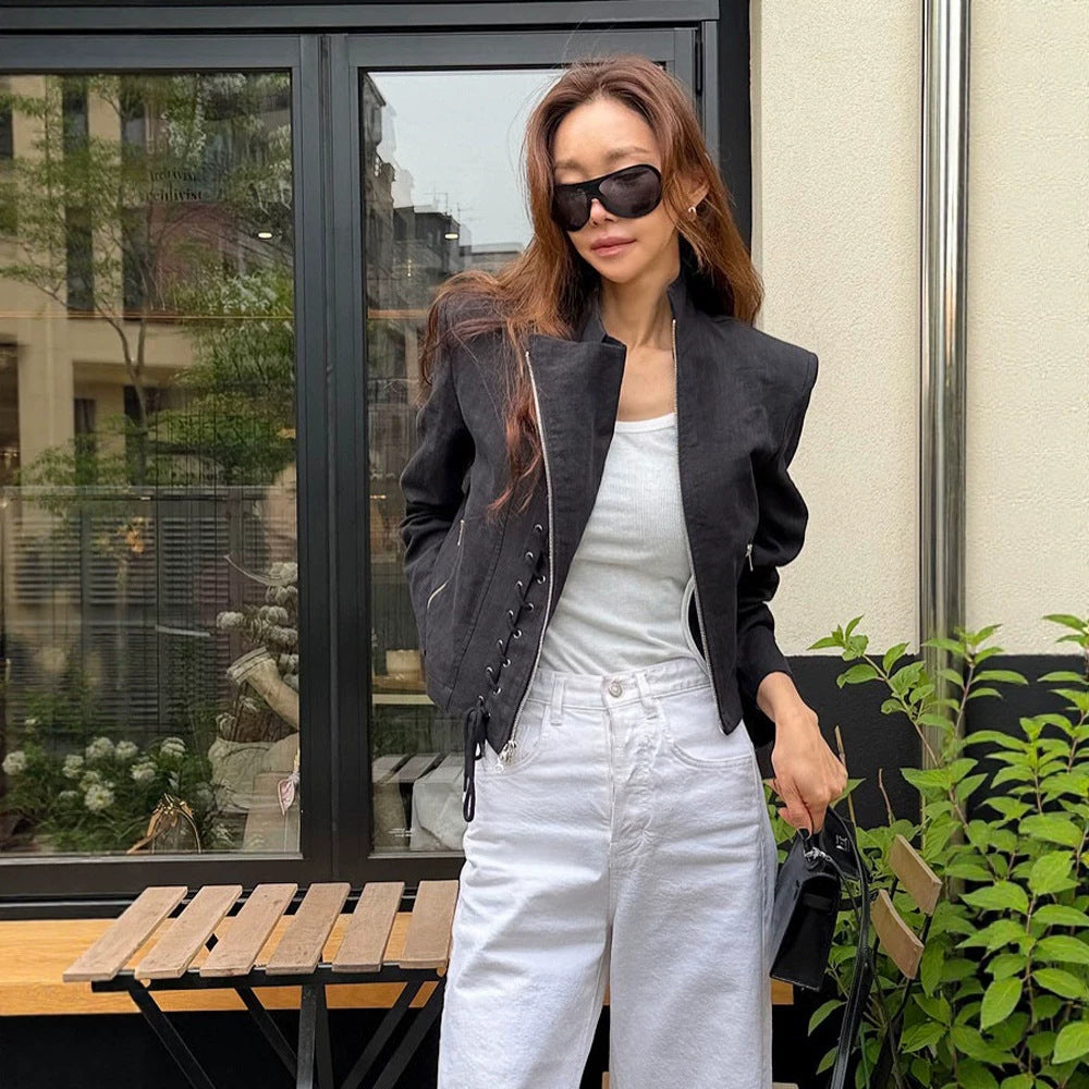 Women's Short Cut Lace-Up Biker Jacket with Asymmetrical Zipper Mune Fashion