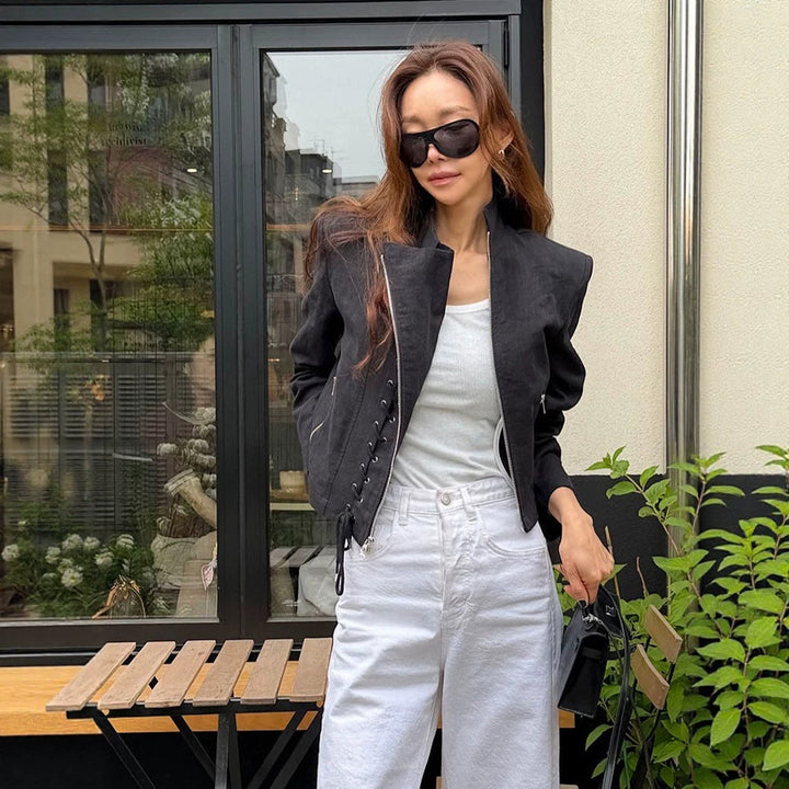 Women's Short Cut Lace-Up Biker Jacket with Asymmetrical Zipper Mune Fashion