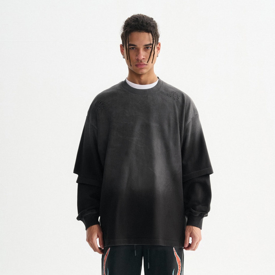 Men's Oversize Long Sleeve Shirt with Double Layer Look and Used Details Mune Fashion