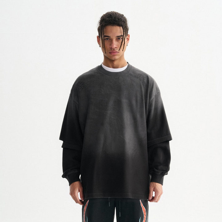 Men's Oversize Long Sleeve Shirt with Double Layer Look and Used Details Mune Fashion