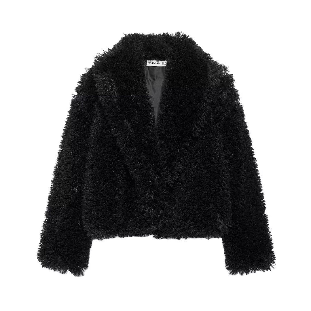 Women's short cozy faux fur cropped jacket with generous shawl collar and open front Mune Fashion