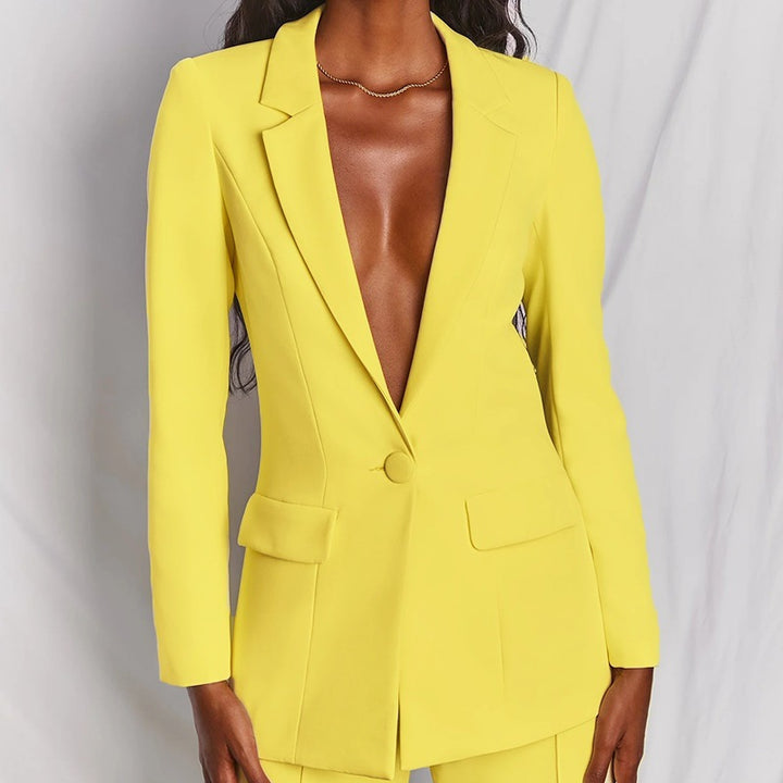 Ladies nan elegant Longline blazer with deep V-neck and wide palazzo pants suit Mune Fashion