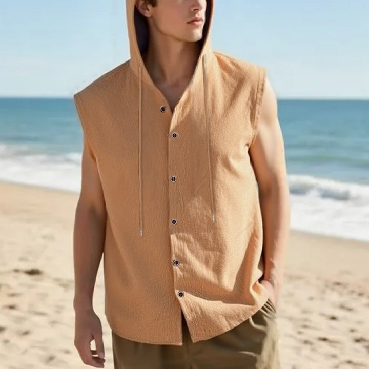 Men's sleeveless hooded shirt in linen look with wooden button placket Mune Fashion