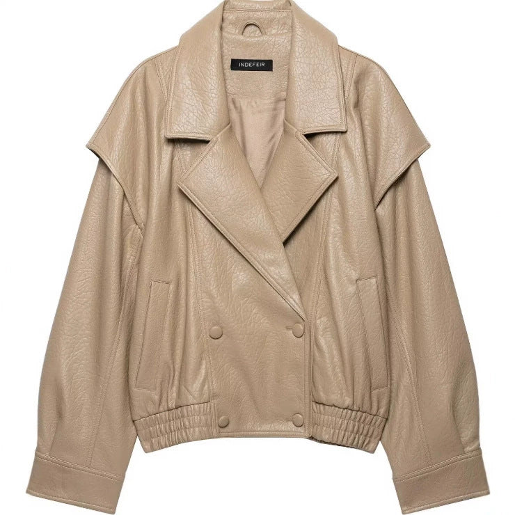 Women Short Blouson made of Artificial Leather with Double-Breasted Button Placket and Shoulder Cape Mune Fashion