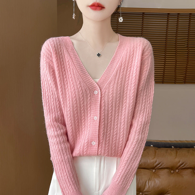 Women's Short-Cut Fine Knit Cardigan with V-Neck, Fine Ribbed Structure and Mother-of-Pearl Buttons Mune Fashion