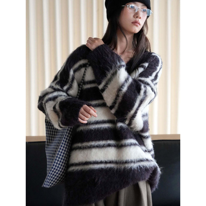 Women Oversized V-Neck Mohair Look Stripe Sweater Mune Fashion