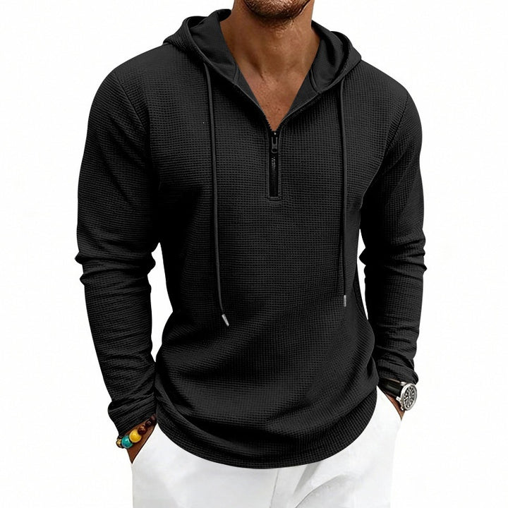 Men's Casual Waffle Fabric Hoodie with Half Zipper and Hood Mune Fashion
