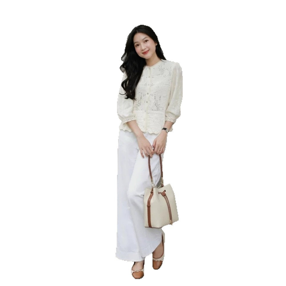 Women's Romantic Crochet Blouse with Continuous Button Placket, V-Neck and Three-Quarter Balloon Sleeves Mune Fashion