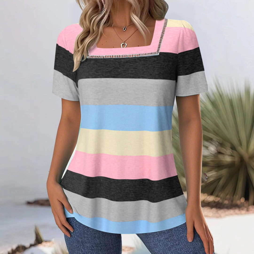 Women's striped jersey long shirt with square neckline and casual hip length Mune Fashion