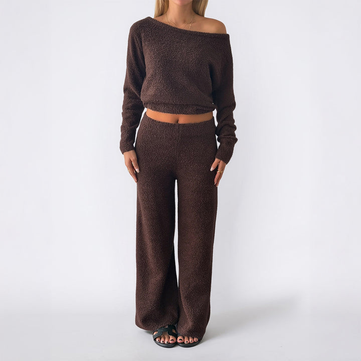 Women's cozy bouclé lounge set with one-shoulder crop pullover and high-waist palazzo pants Mune Fashion