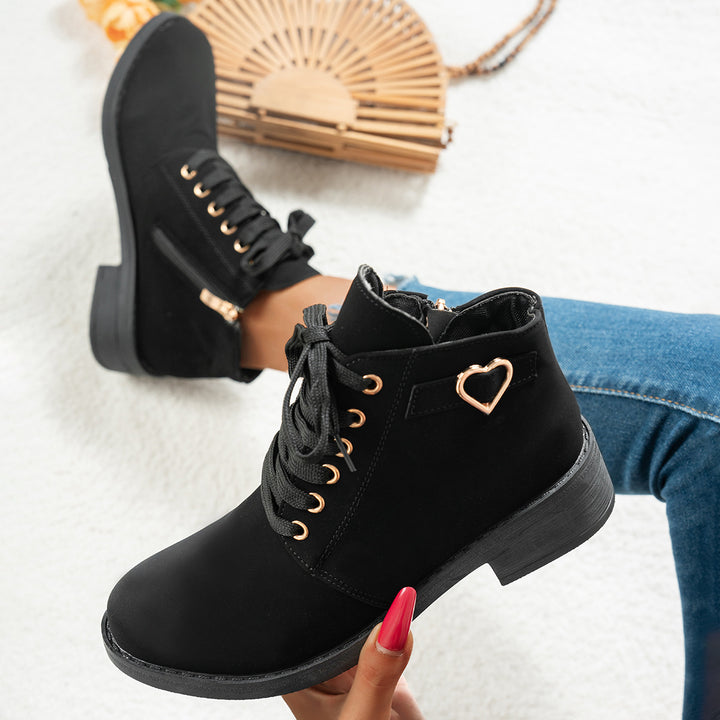 Women's lace-up ankle boots in suede look with low block heel and heart detail Mune Fashion