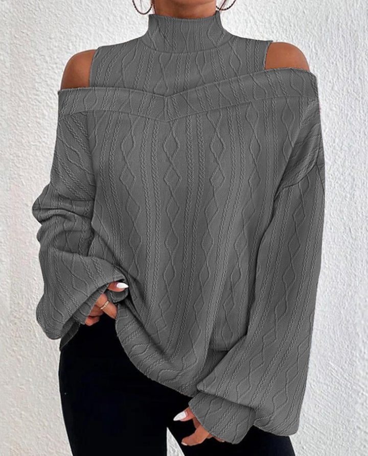 Women's Oversized Knit Sweater with Stand Collar, Open Shoulder Detail and Cable Knit Pattern Mune Fashion