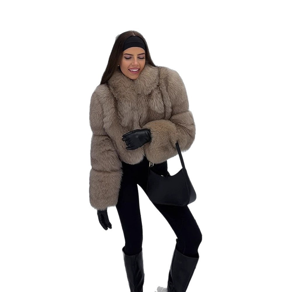 Women's Short Cut Luxury Faux Fur Blouson with Voluminous Shawl Collar Mune Fashion