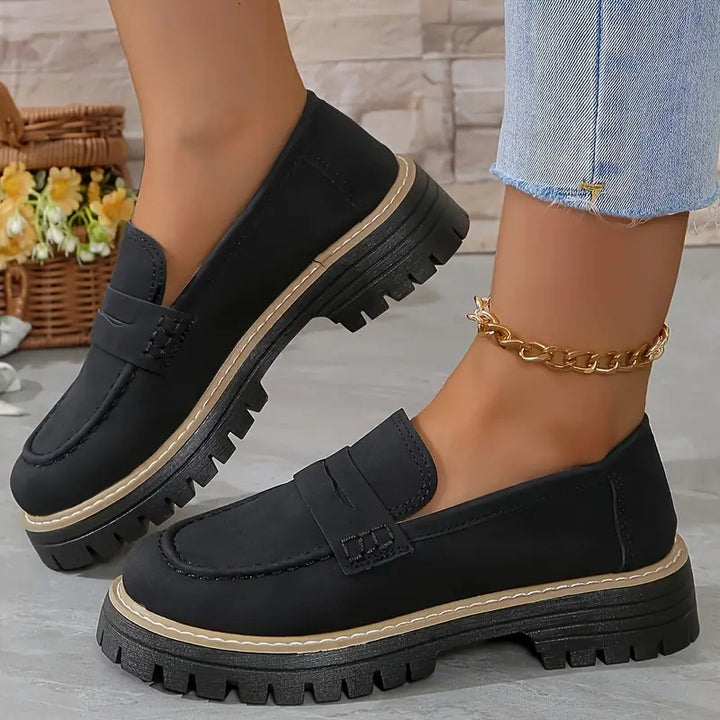 Women's Leather Look Penny Loafers with Distinctive Profile Platform Sole and Contrast Stitch Mune Fashion