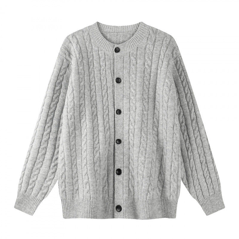 Women's Chunky Knit Cable Knit Cardigan with Button Placket and Round Neck Mune Fashion