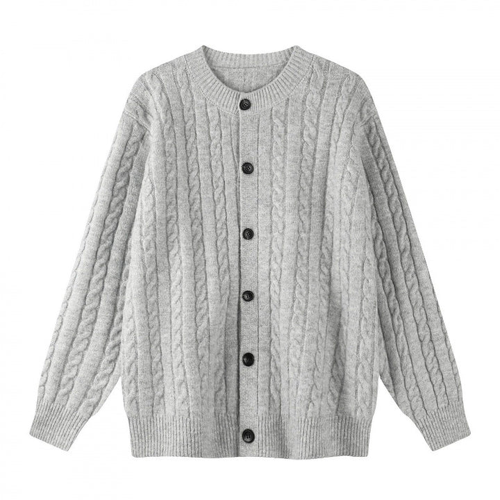 Women's Chunky Knit Cable Knit Cardigan with Button Placket and Round Neck Mune Fashion