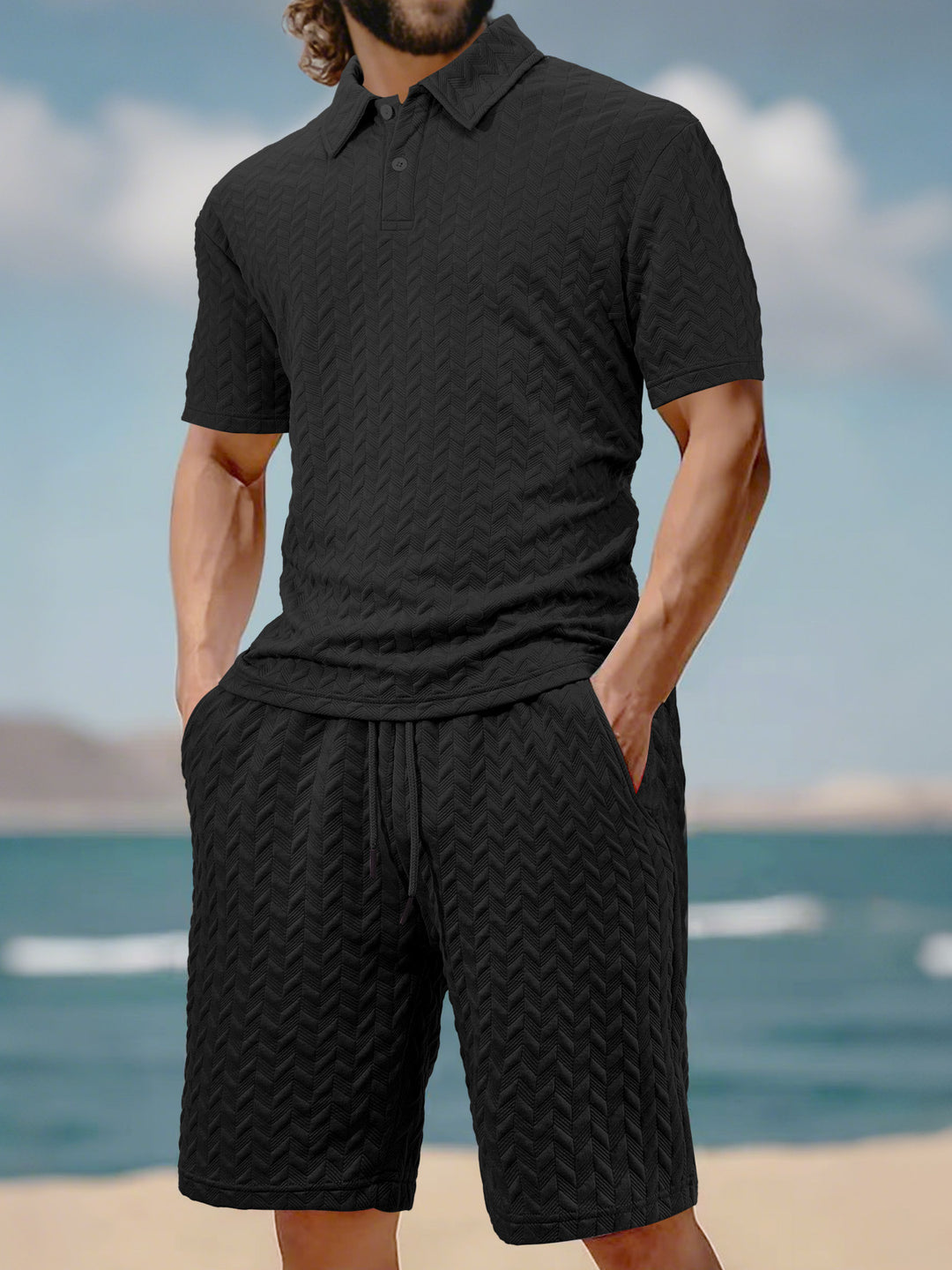 Men's embossed beach ensemble with open short sleeve shirt and cord Bermuda Mune Fashion