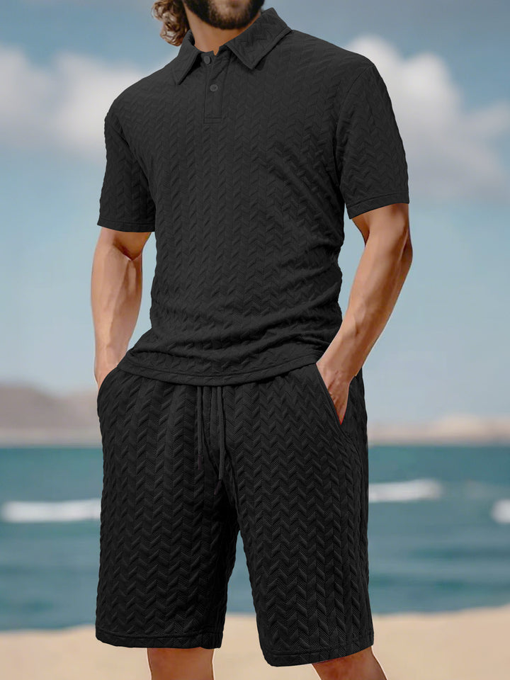 Men's embossed beach ensemble with open short sleeve shirt and cord Bermuda Mune Fashion