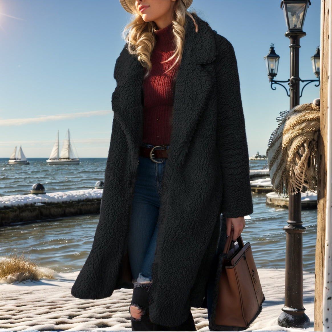 Women's Long Teddy Coat made of Faux Fur with Oversize Cut and Shawl Collar Mune Fashion