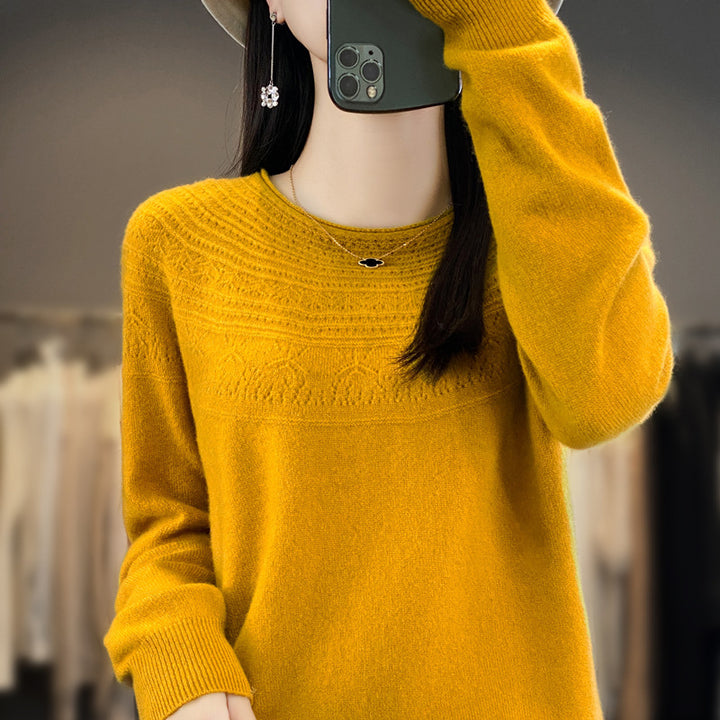Women's Round Neck Fine Knit Sweater with Structured Yoke and Cashmere Look Mune Fashion
