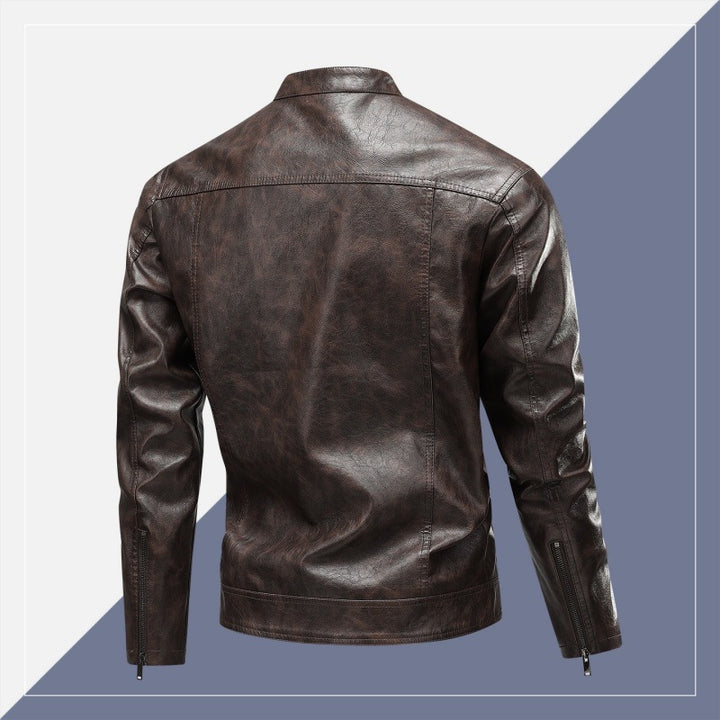 Men's Faux Leather Biker Jacket with Stand-Up Collar, Slim Fit & Diagonal Zipper Pockets Mune Fashion