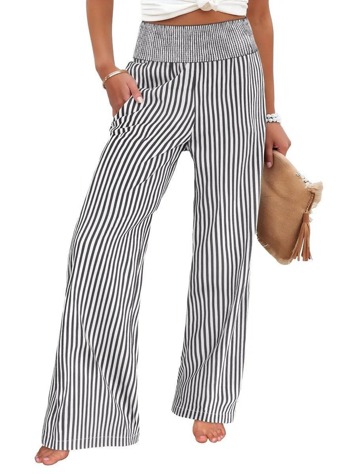 Women's Striped Palazzo Pants with High Ruffled Waist and Wide Leg Mune Fashion