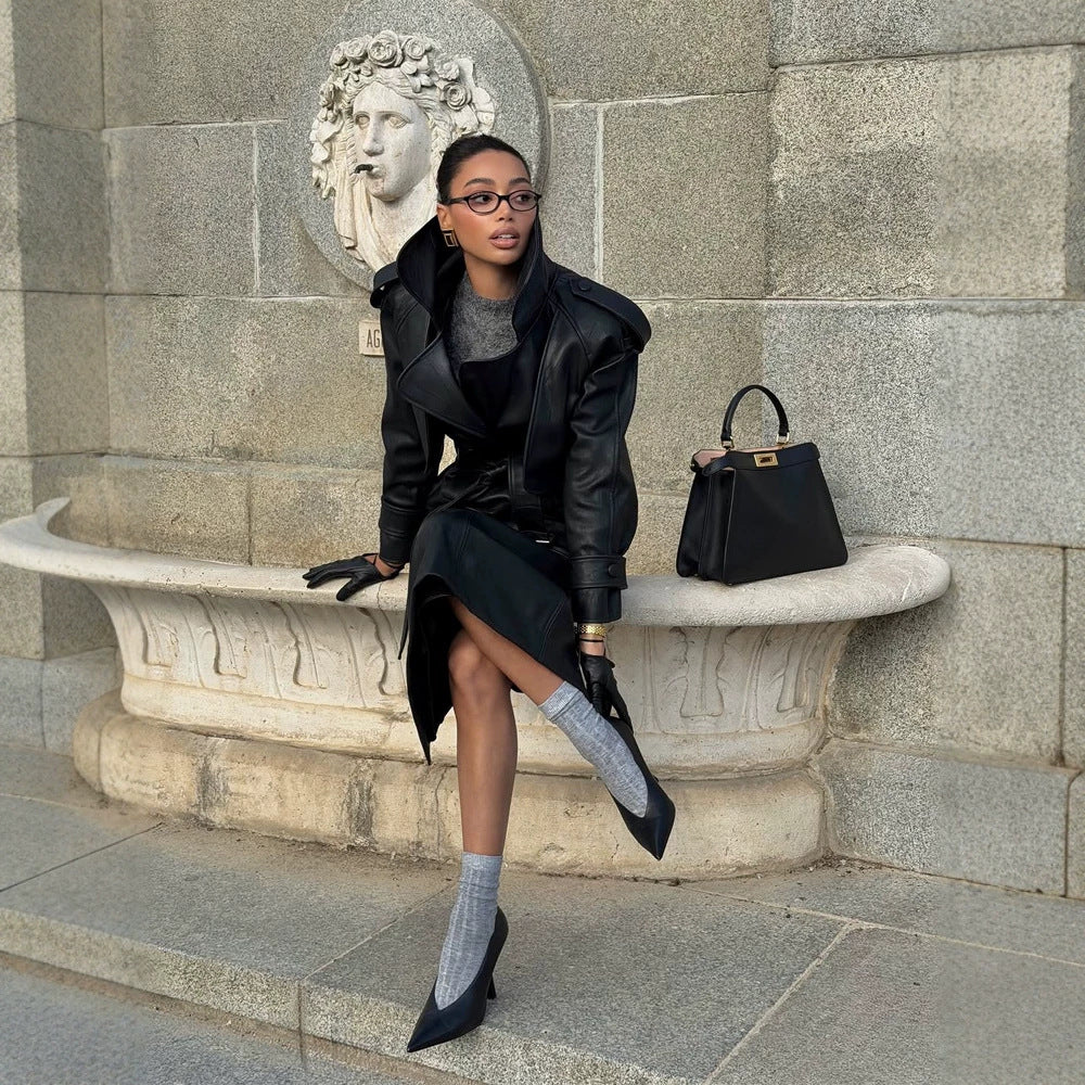 Women's Tailored Leather Jacket with Short Cape Insert, Shoulder Pads and Tie Belt Mune Fashion