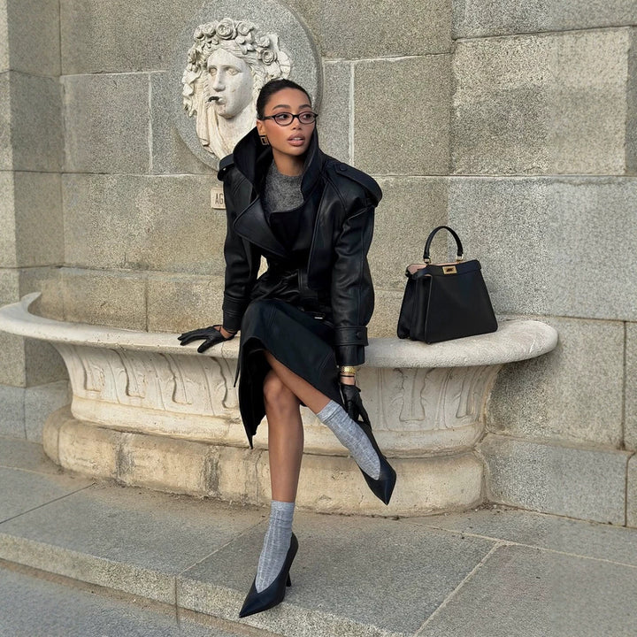 Women's Tailored Leather Jacket with Short Cape Insert, Shoulder Pads and Tie Belt Mune Fashion