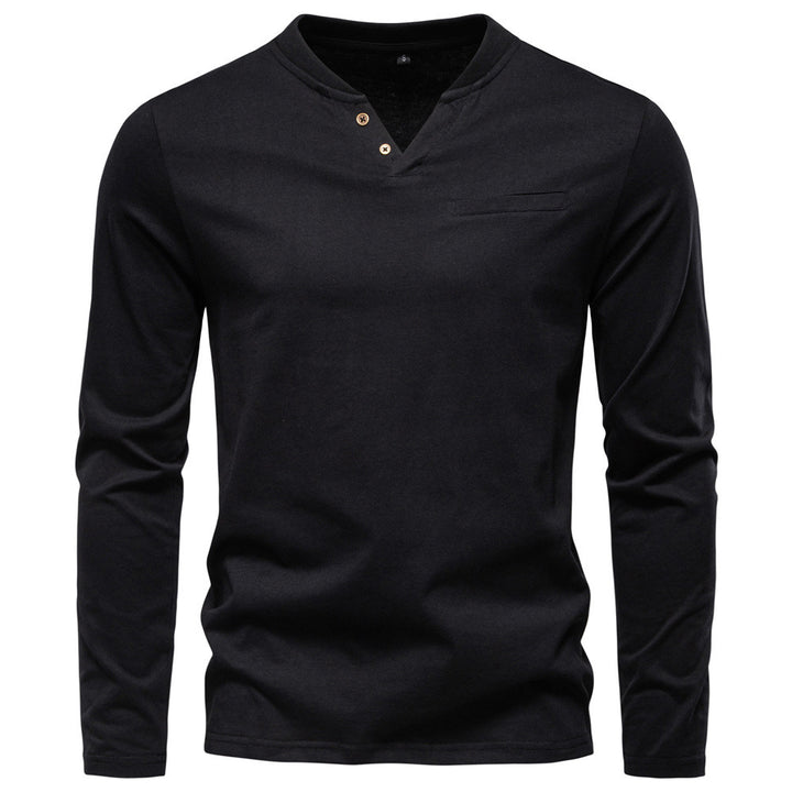 Men's tailored long sleeve shirt in Henley style with short V-neck, decorative buttons, and chest pocket Mune Fashion