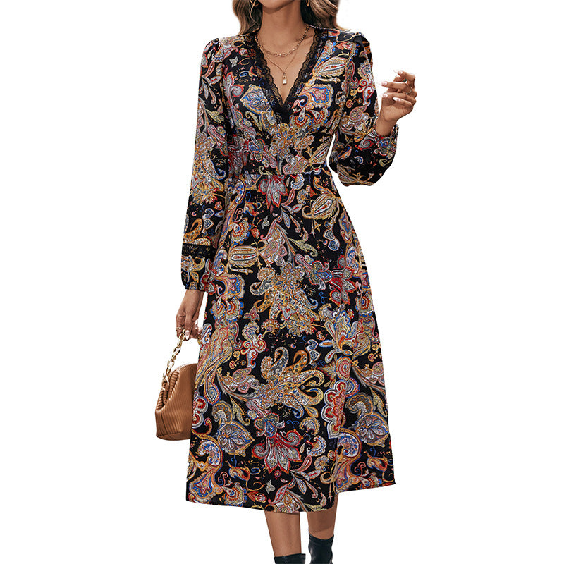 Women’s midi dress with paisley print, wrap look and lace trim Mune Fashion