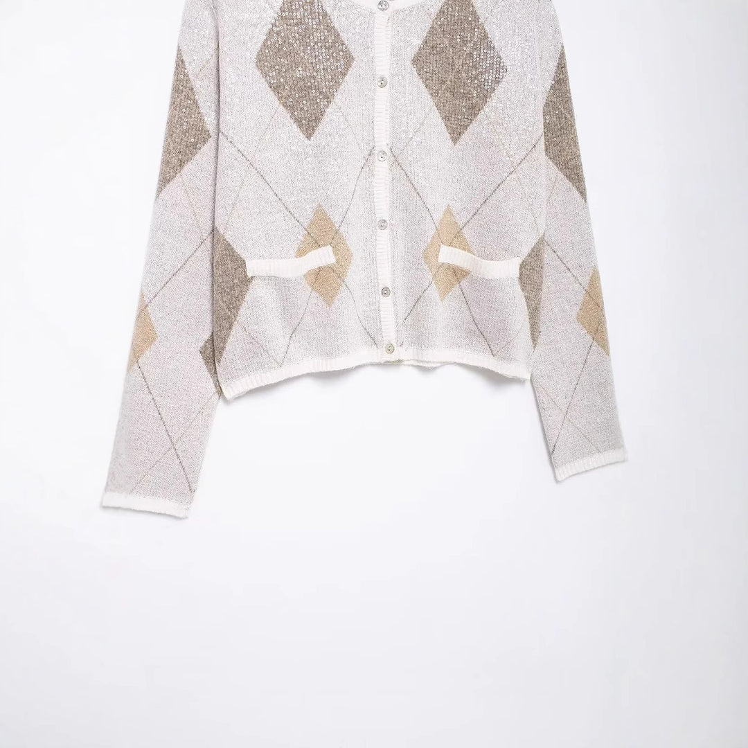 Women’s short cut cardigan with diamond sequins and patch pockets Mune Fashion