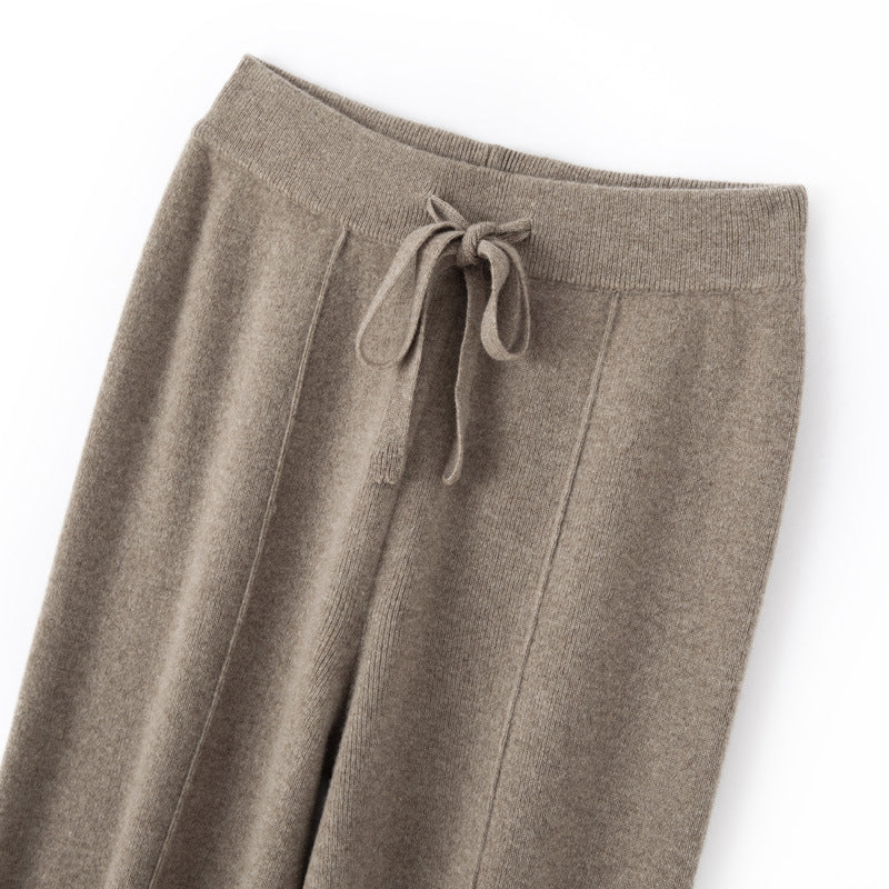 Women's Soft Knit Pants with Wide Leg, Drawstring Waistband, and Decorative Center Seam