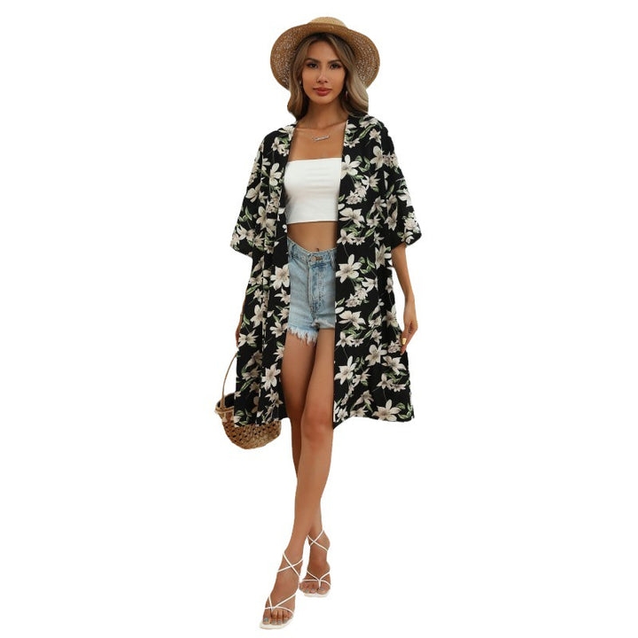 Women Long Kimono Flower Coat with Floral Print, Open Front and 3/4 Sleeves Mune Fashion