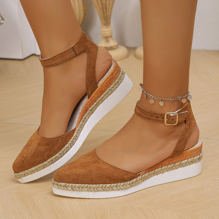 Women closed velour espadrille with wedge platform, adjustable ankle strap and braided base edge Mune Fashion